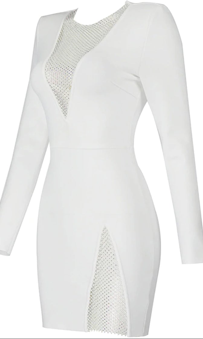 Elite V Neck Mesh Mini Dress Set-White