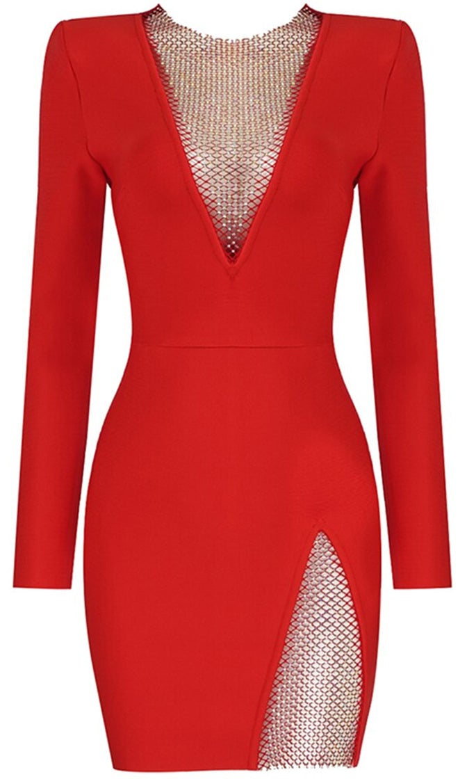 Elite V Neck Mesh Mini Dress Set-Red