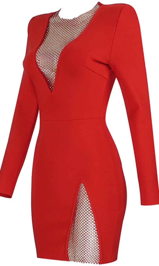 Elite V Neck Mesh Mini Dress Set-Red