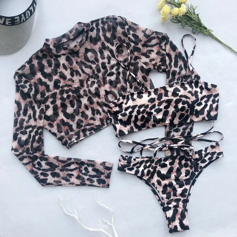 Long Sleeve 3 Piece Swimsuit High Cut Leopard Cover Up Push Up Bikini Separate Sports Bandage Bathing Suit Thong Swimwear 2026