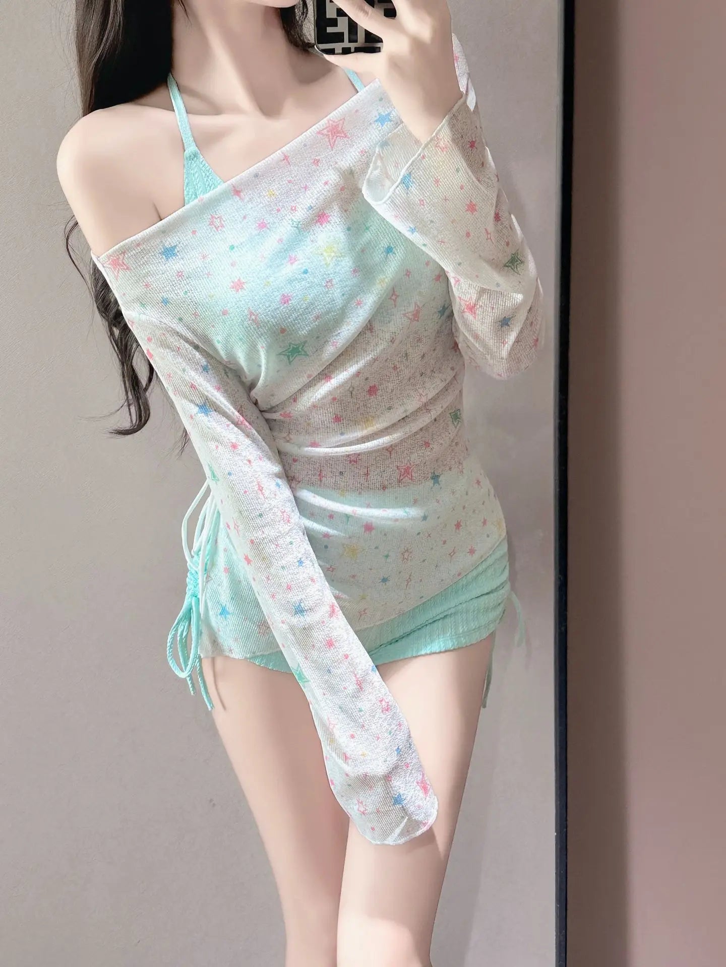 Long Sleeved Sun Protection Star Print Cover Up 3 Piece Bikini Set