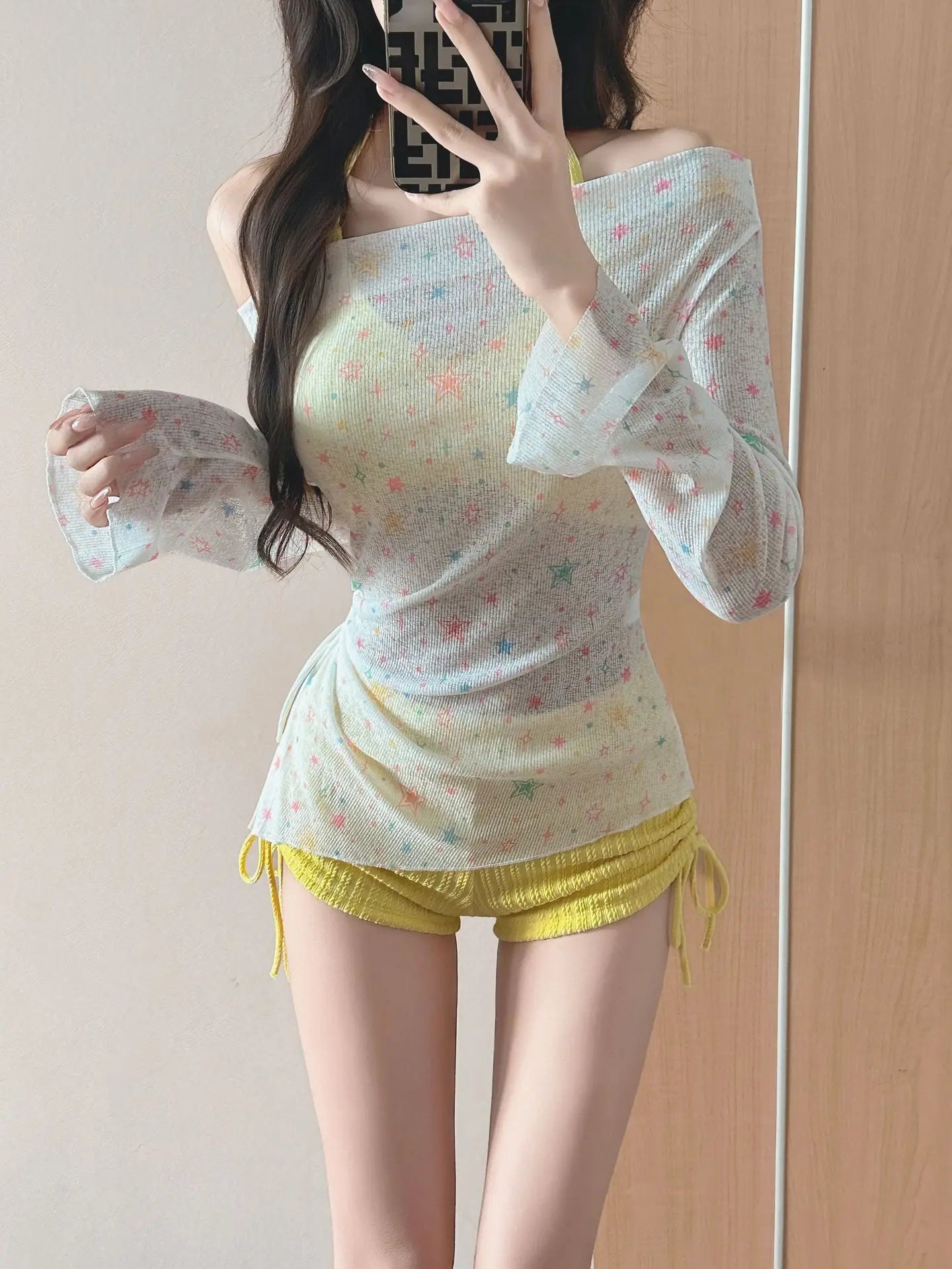 Long Sleeved Sun Protection Star Print Cover Up 3 Piece Bikini Set