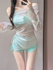 Long Sleeved Sun Protection Star Print Cover Up 3 Piece Bikini Set