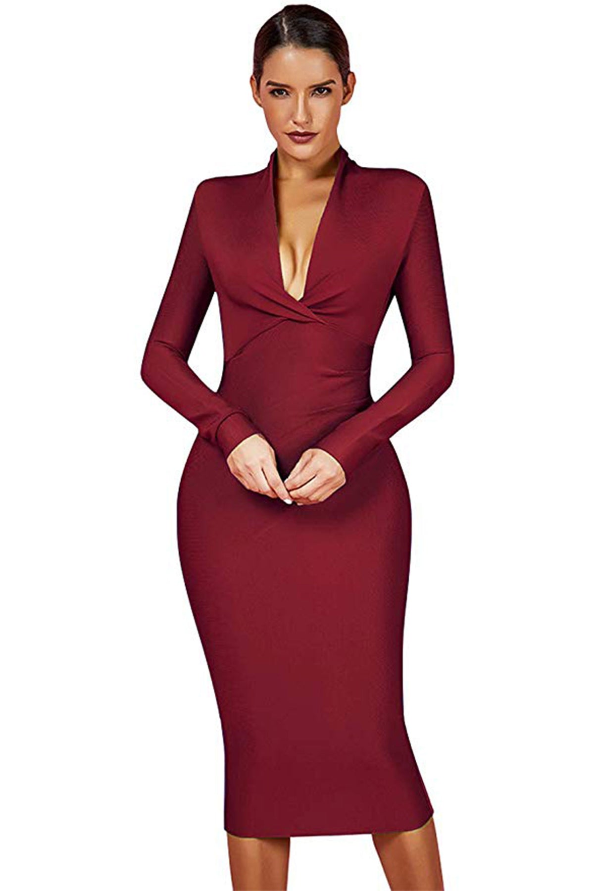 Full Sleeve Bandage party Dress-Brown