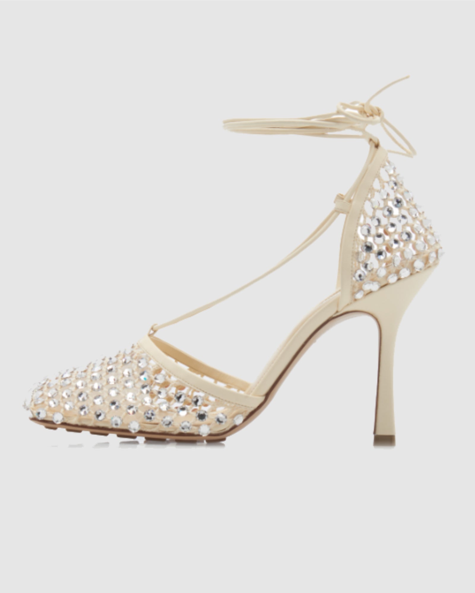 Luca Rhinestone Embellished Fishnet Lace up Pumps In Apricot