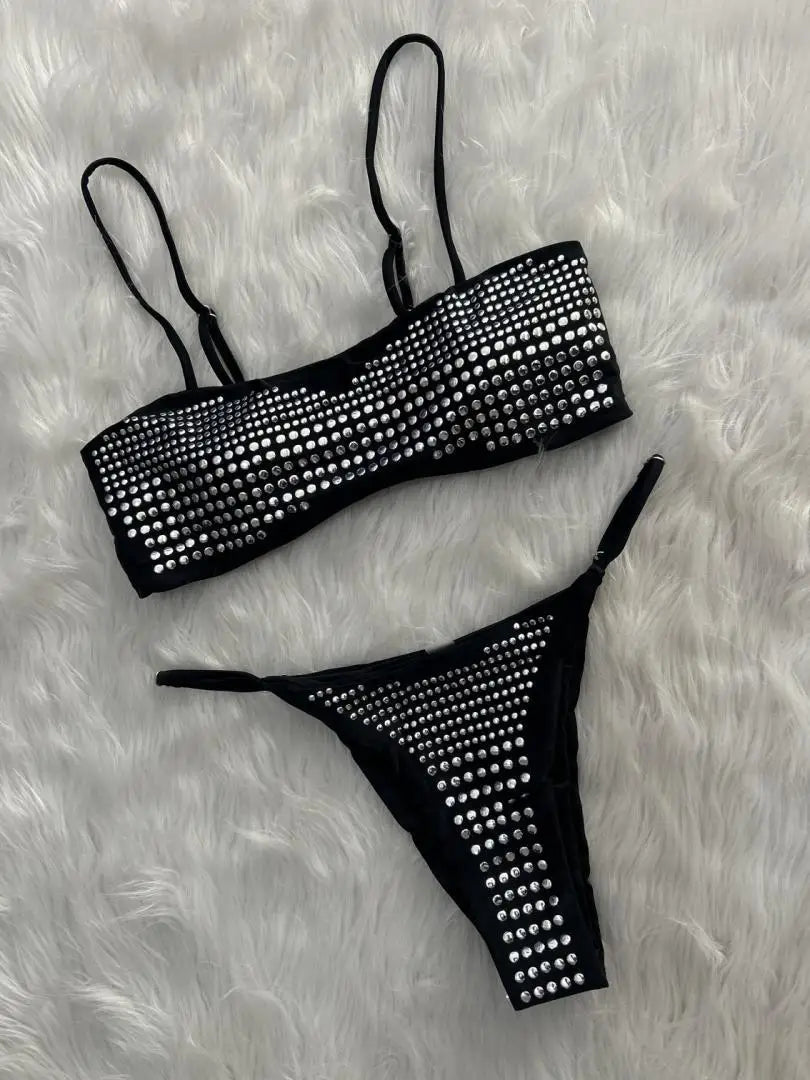 Black Bikini Diamond Rhinestone Push Up Mini Swimsuit Brazilian Beach Bathing Suit Thong Swimwear Biquini