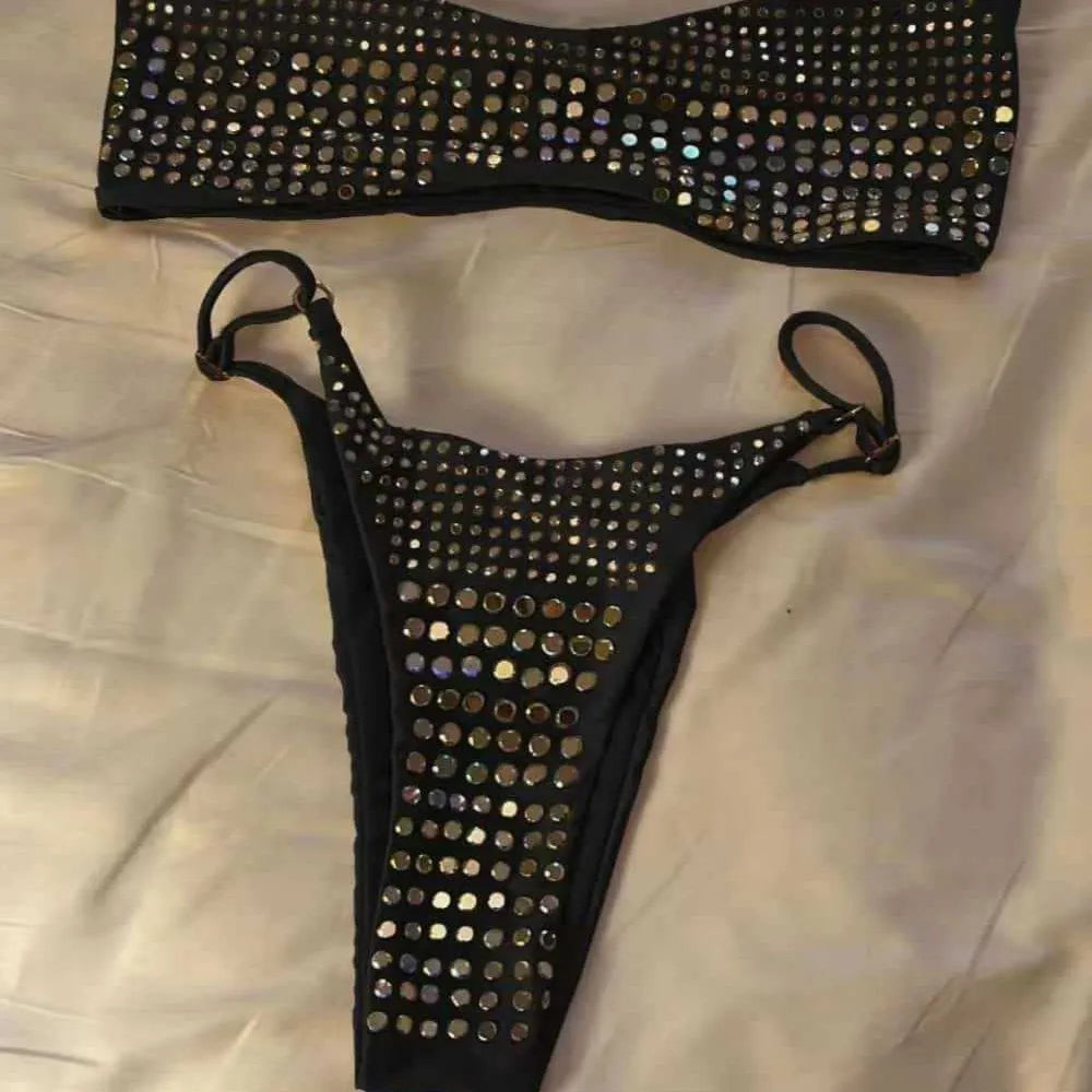 Black Bikini Diamond Rhinestone Push Up Mini Swimsuit Brazilian Beach Bathing Suit Thong Swimwear Biquini