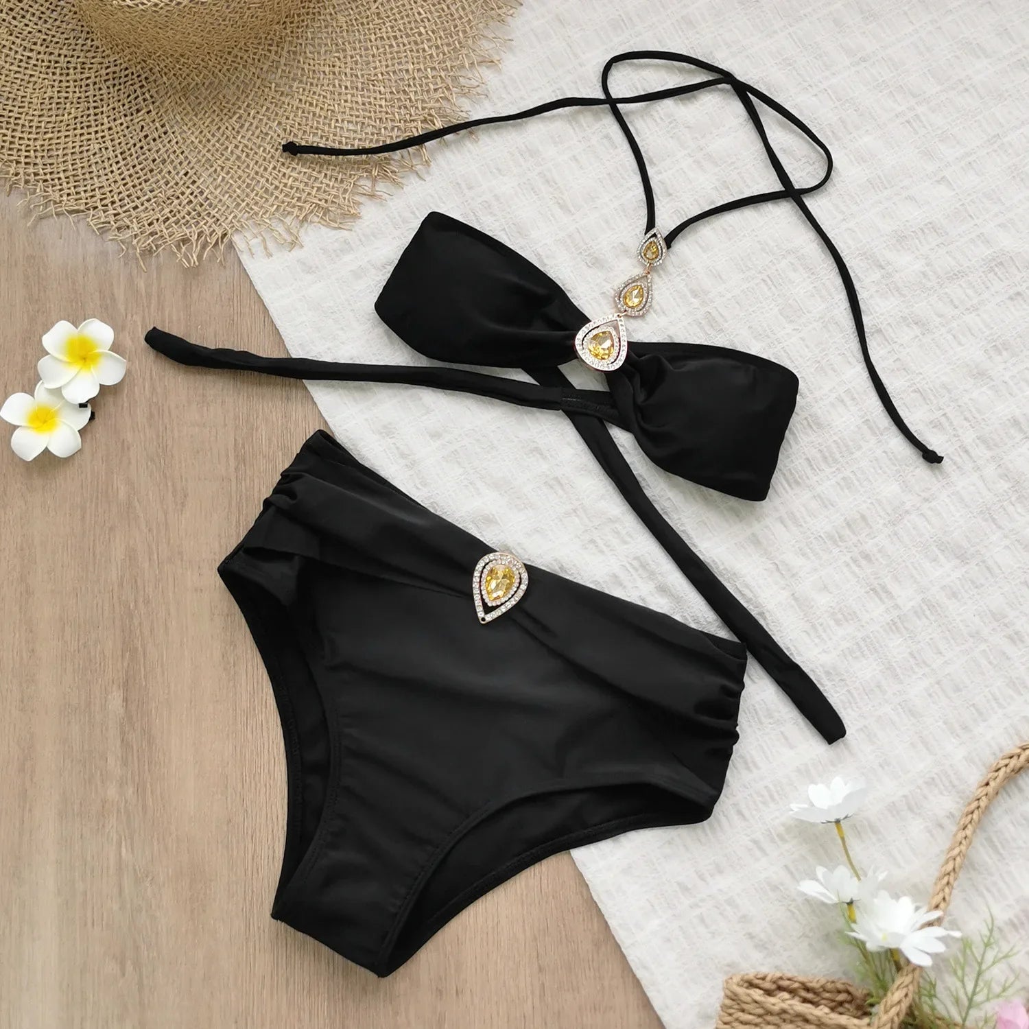 Bikini Black Diamond Push Up Bandage Cross High Waist Swimsuit Beach Bathing Suits Swimwear