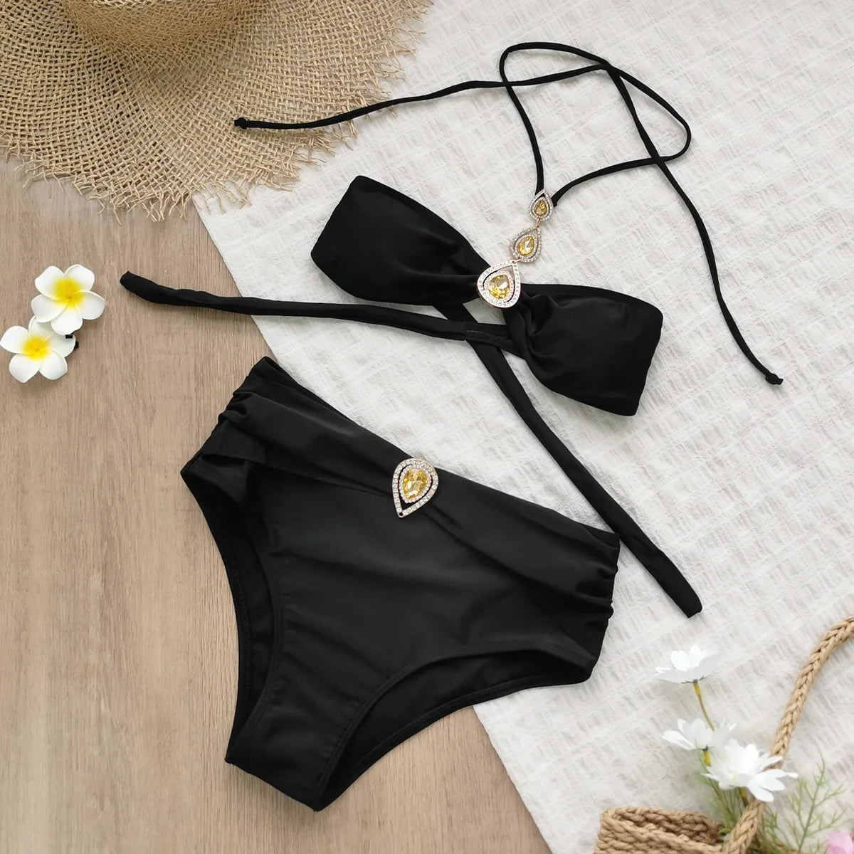 Bikini Black Diamond Push Up Bandage Cross High Waist Swimsuit Beach Bathing Suits Swimwear