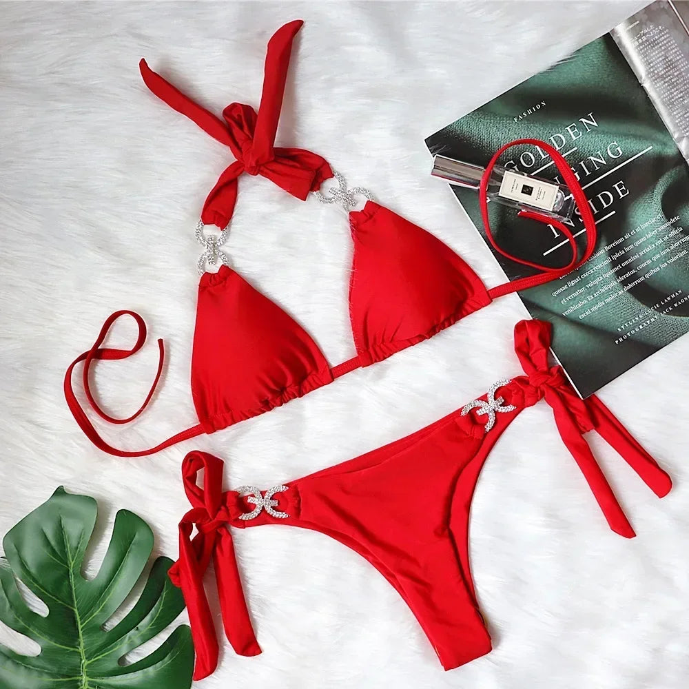 Rhinestones Bikin Solid Red Blue Bandage Cross Diamond Thong Swinsuit Beach Bathing Suit Swimwear Biquini