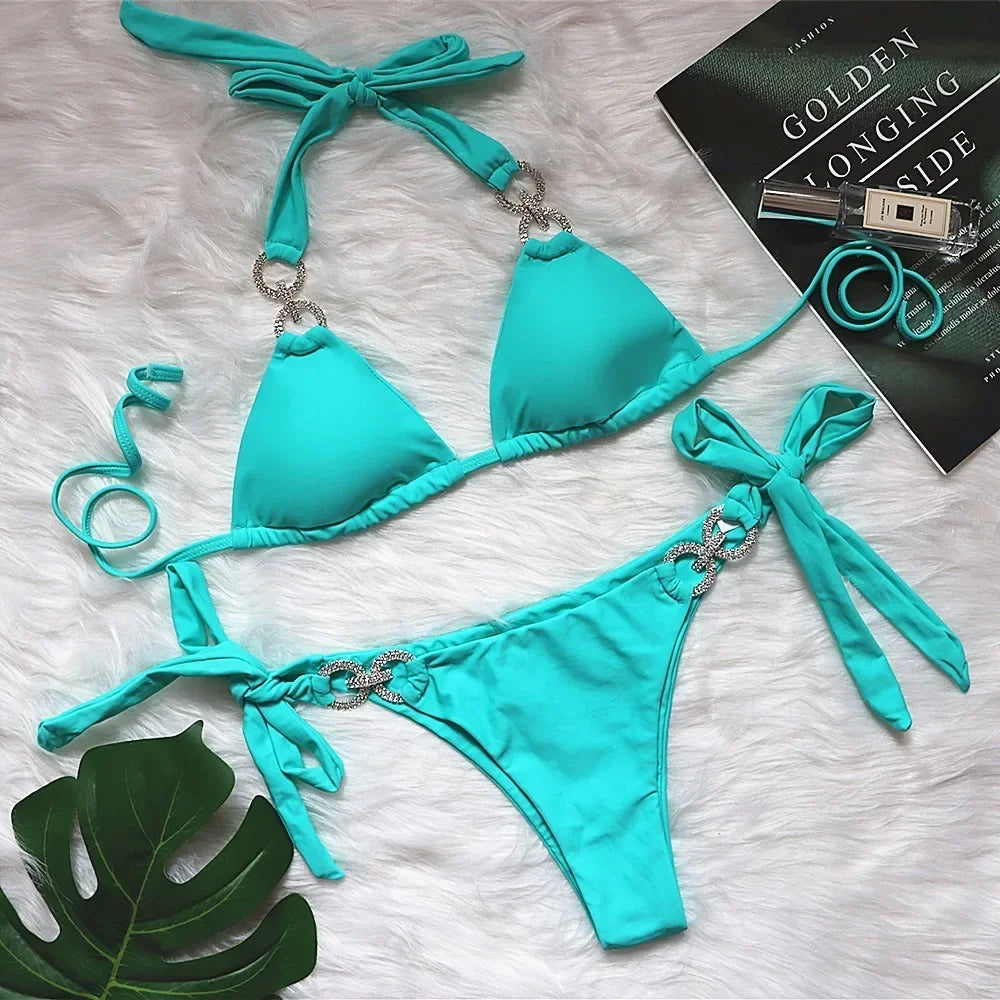 Rhinestones Bikin Solid Red Blue Bandage Cross Diamond Thong Swinsuit Beach Bathing Suit Swimwear Biquini