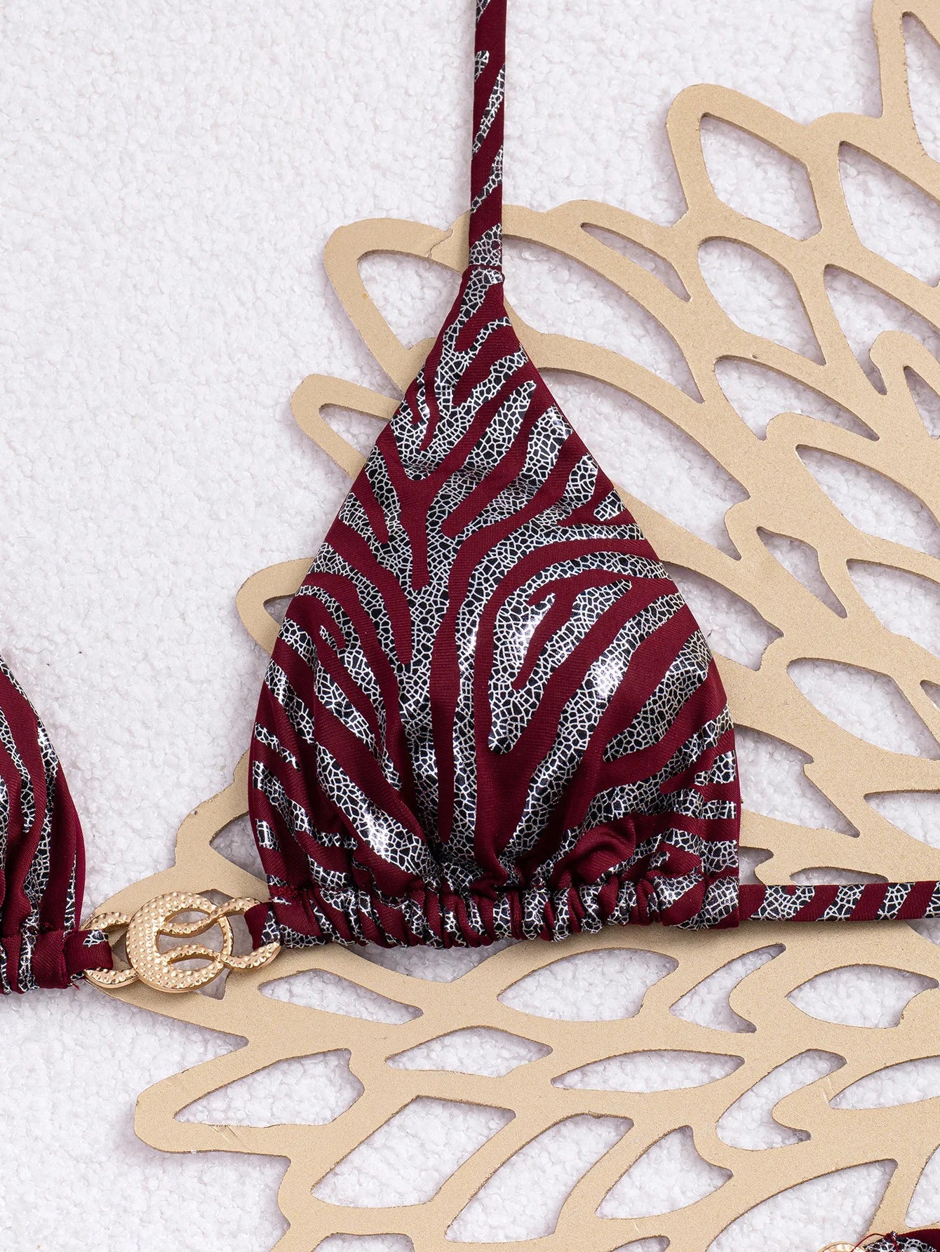Shiny Brozing Wine Striped Bikini Set