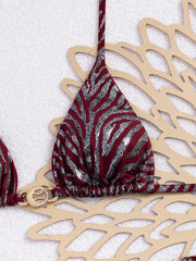 Shiny Brozing Wine Striped Bikini Set