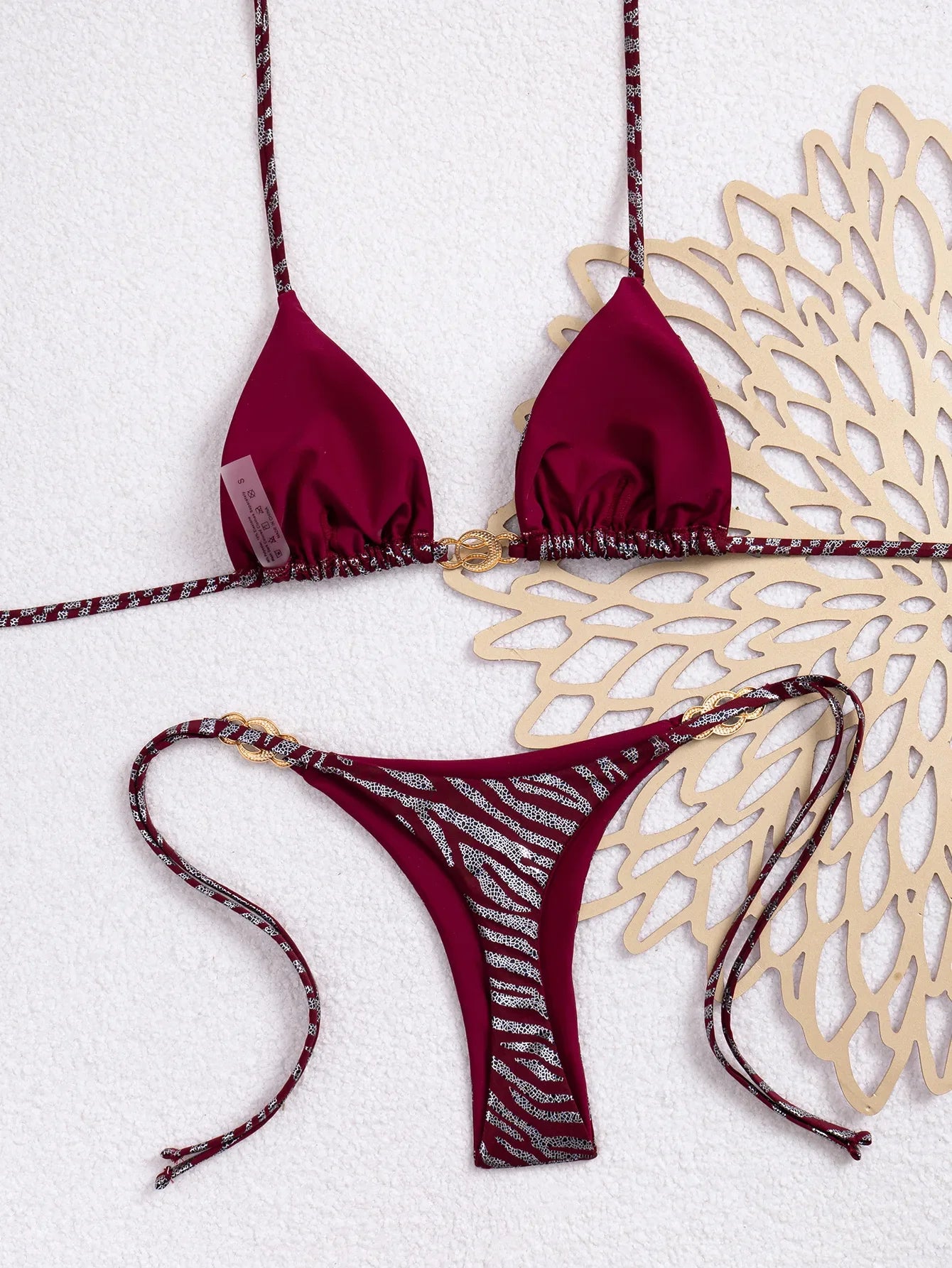 Shiny Brozing Wine Striped Bikini Set