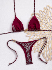Shiny Brozing Wine Striped Bikini Set