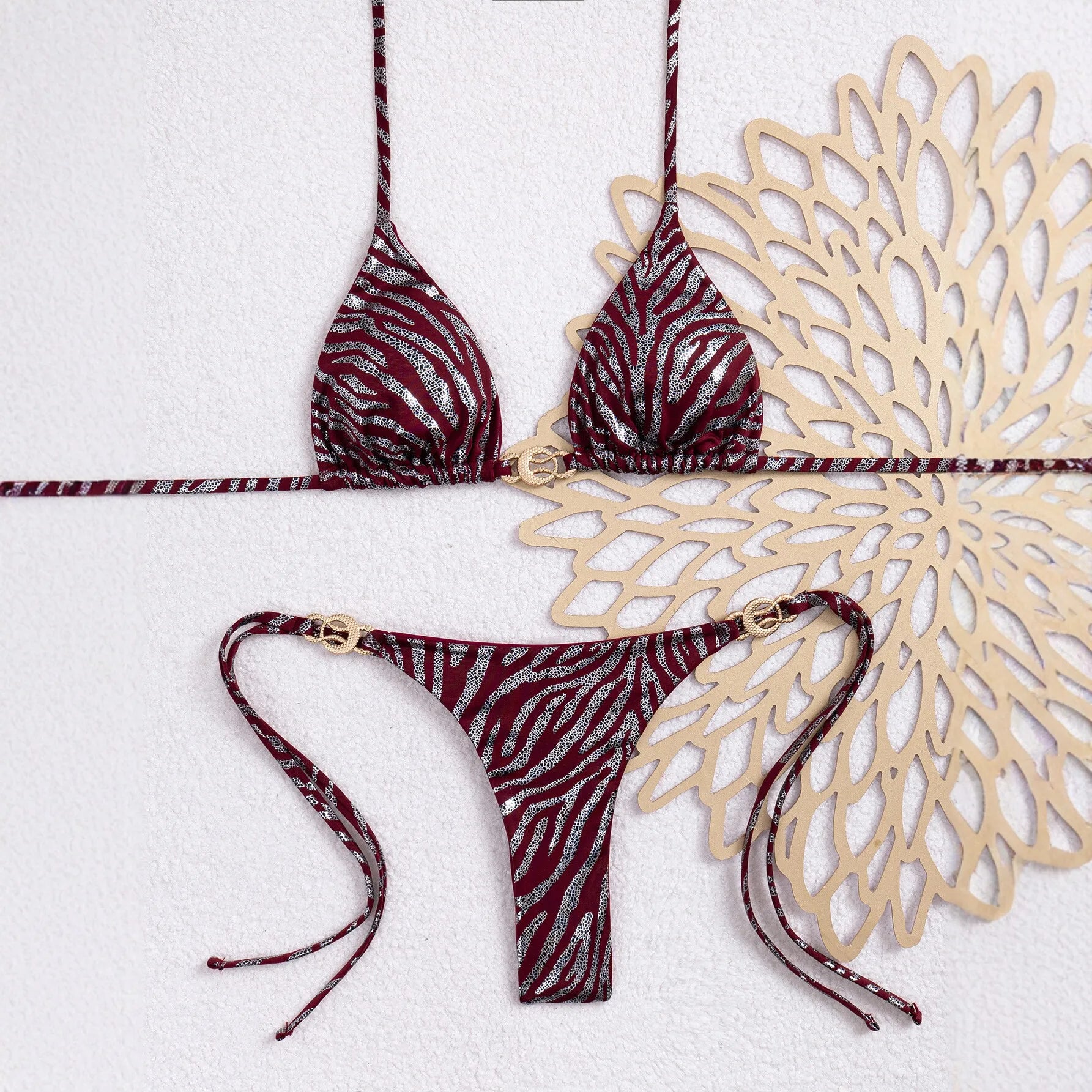 Shiny Brozing Wine Striped Bikini Set