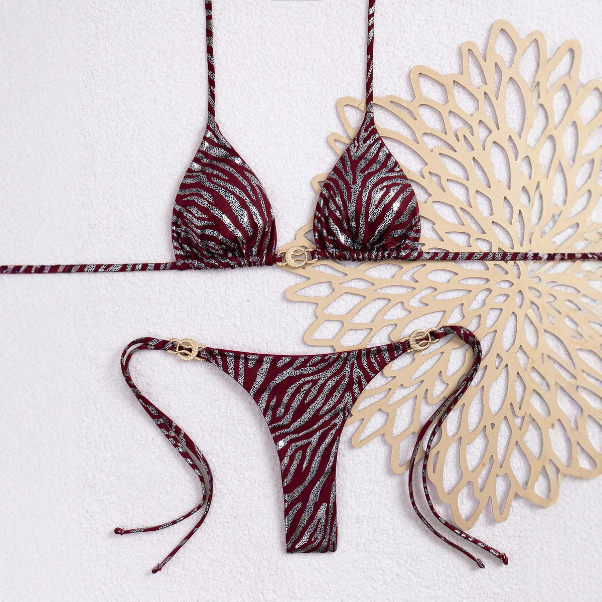 Shiny Brozing Wine Striped Bikini Set