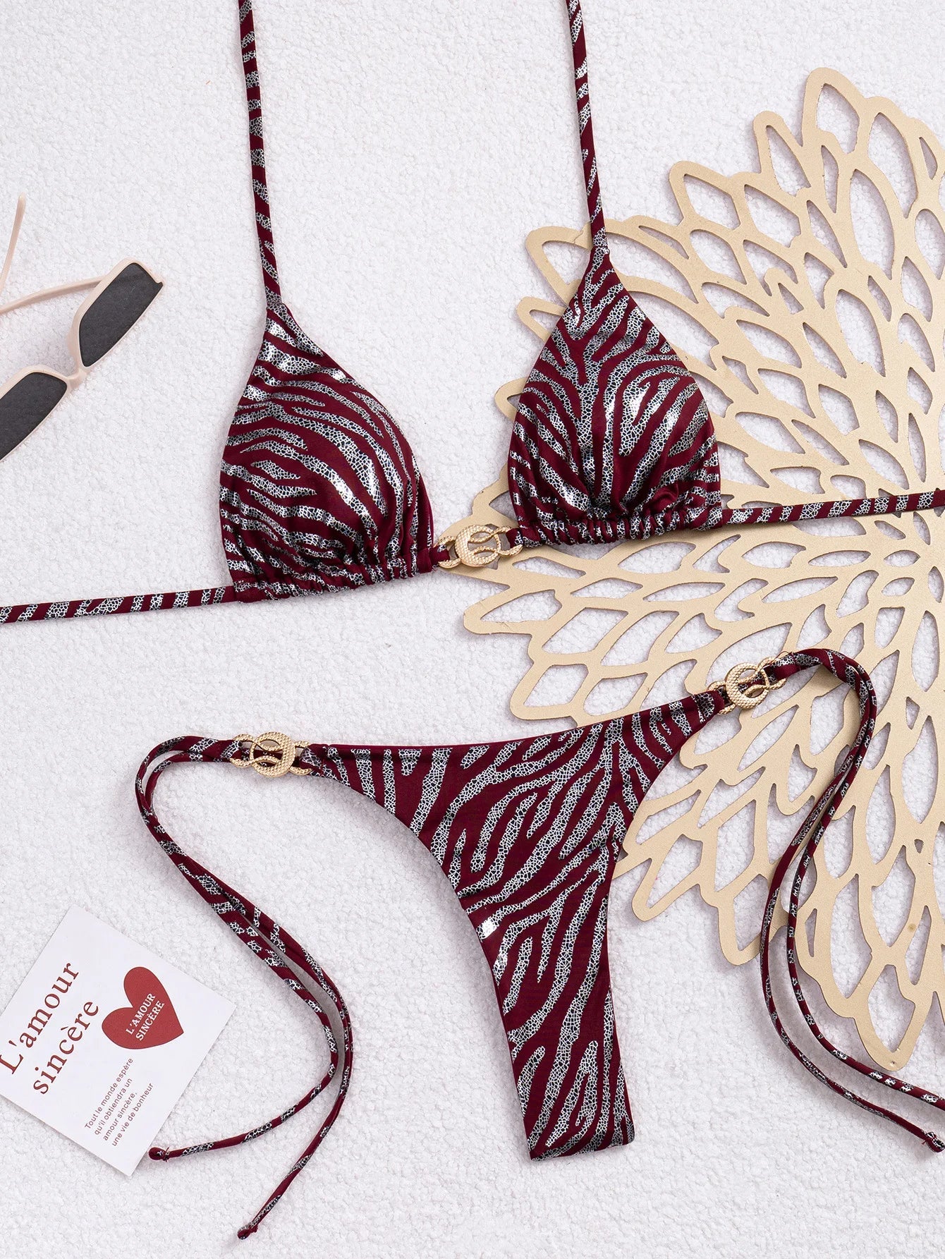 Shiny Brozing Wine Striped Bikini Set
