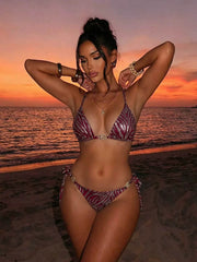 Shiny Brozing Wine Striped Bikini Set