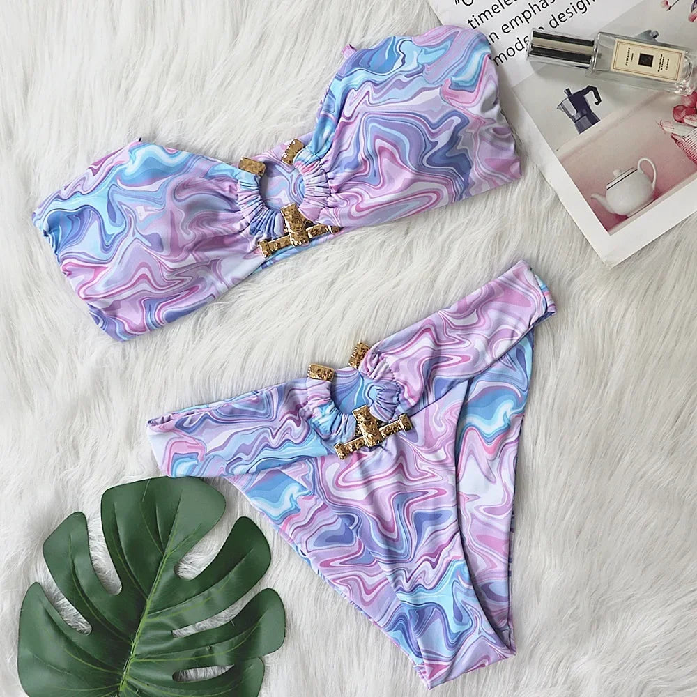 Shiny Rhinestone Bikini Solid Bandeau Cut Out Push Up Swimsuit Crystal Bathing Suit Brazilian Thong Swimwear