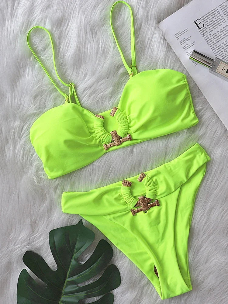 Shiny Rhinestone Bikini Solid Bandeau Cut Out Push Up Swimsuit Crystal Bathing Suit Brazilian Thong Swimwear