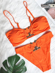 Shiny Rhinestone Bikini Solid Bandeau Cut Out Push Up Swimsuit Crystal Bathing Suit Brazilian Thong Swimwear