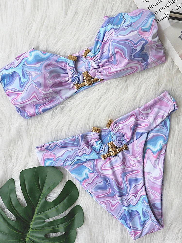 Shiny Rhinestone Bikini Solid Bandeau Cut Out Push Up Swimsuit Crystal Bathing Suit Brazilian Thong Swimwear