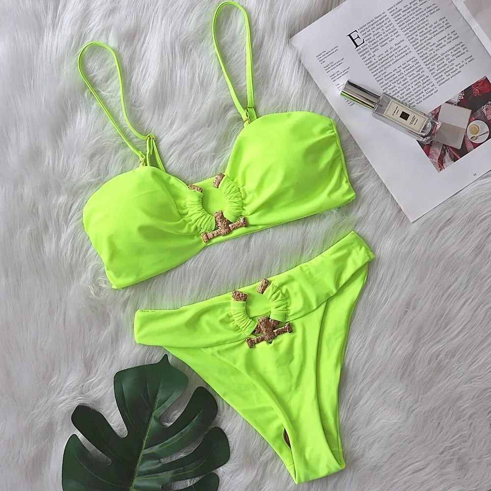 Shiny Rhinestone Bikini Solid Bandeau Cut Out Push Up Swimsuit Crystal Bathing Suit Brazilian Thong Swimwear