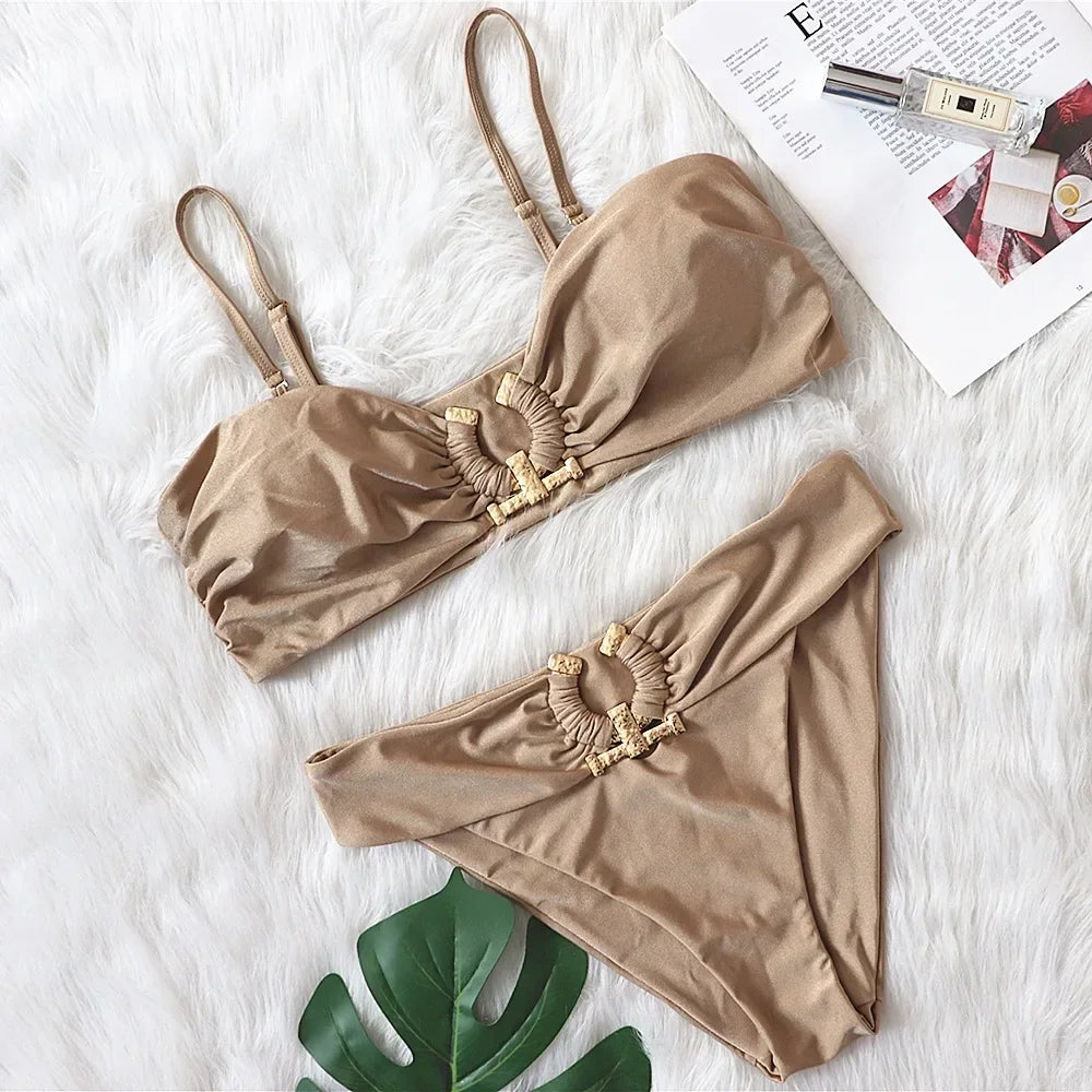 Shiny Rhinestone Bikini Solid Bandeau Cut Out Push Up Swimsuit Crystal Bathing Suit Brazilian Thong Swimwear