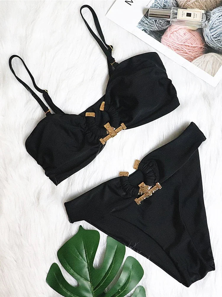 Shiny Rhinestone Bikini Solid Bandeau Cut Out Push Up Swimsuit Crystal Bathing Suit Brazilian Thong Swimwear