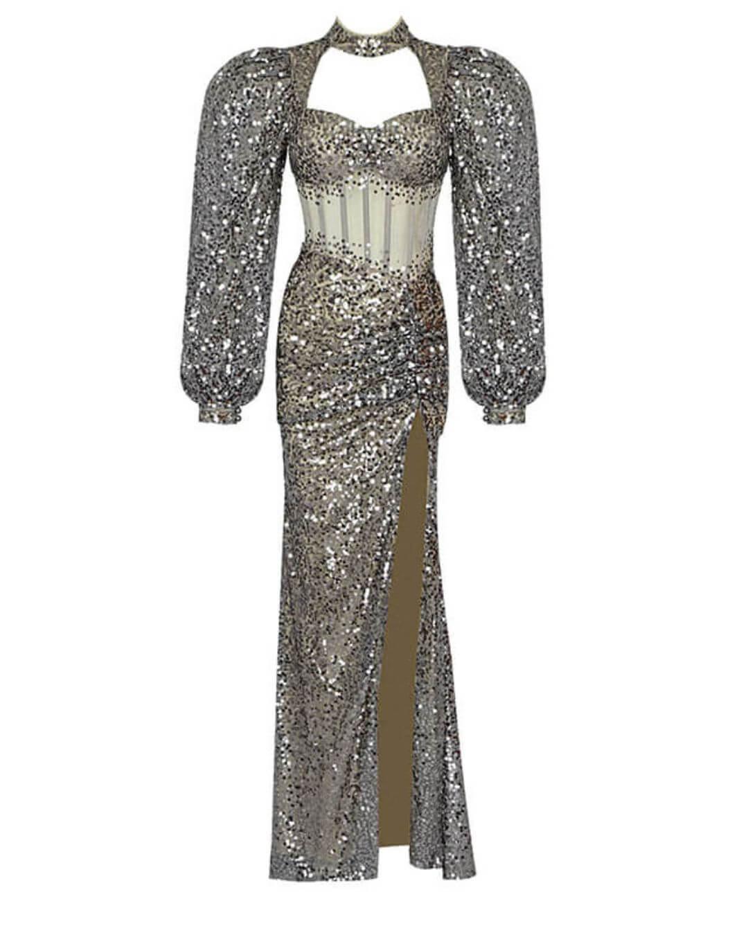 Bride Puff Sleeves Prom Dress-Silver