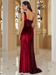 Formal One Shoulder Sequin Wine Dress