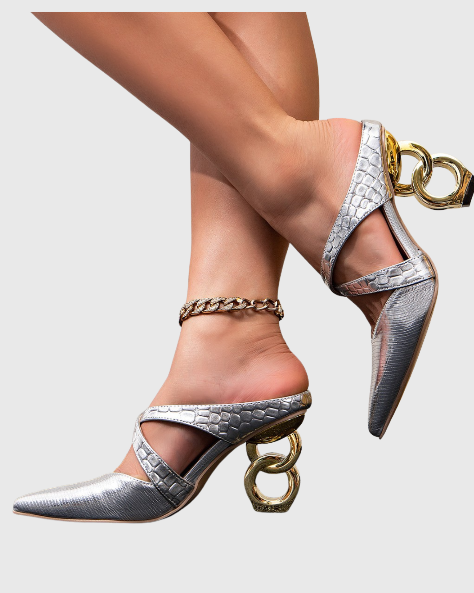 Mavis Cross Chain Mules In Silver