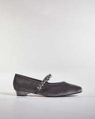 Meg Rhinestone Strap Velvet Flats In Grey