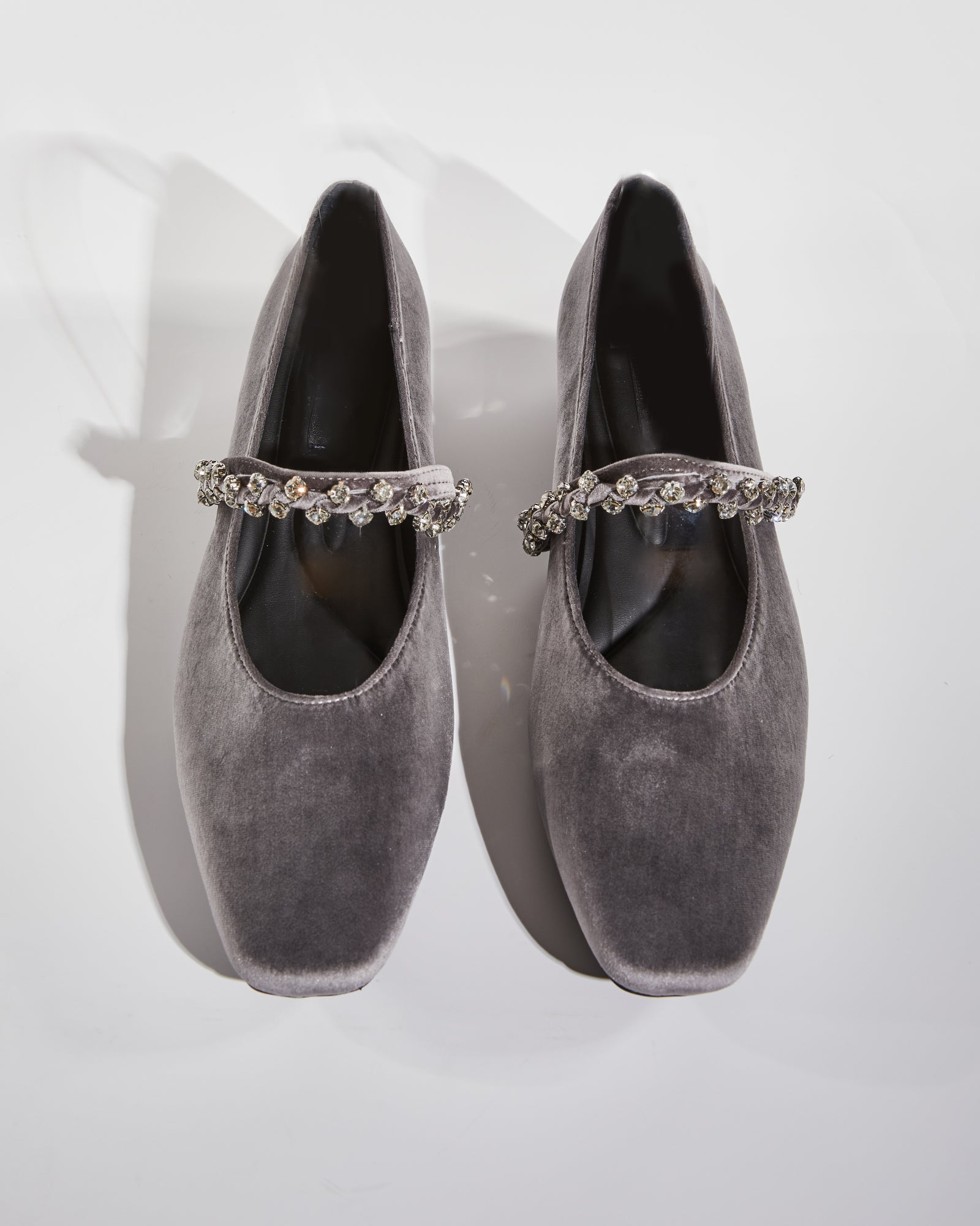 Meg Rhinestone Strap Velvet Flats In Grey