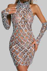 Elena Halter Neck Half Gloves Rhinestone Mini Dress