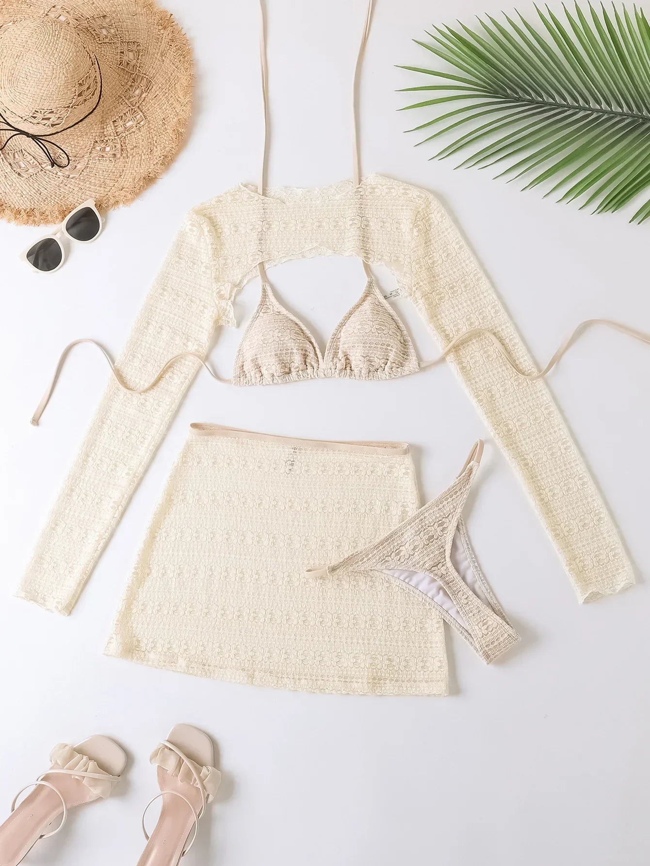 Mesh Long Sleeve Cover Up with Skitr 4 Piece Bikinis Sets