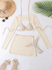 Mesh Long Sleeve Cover Up with Skitr 4 Piece Bikinis Sets