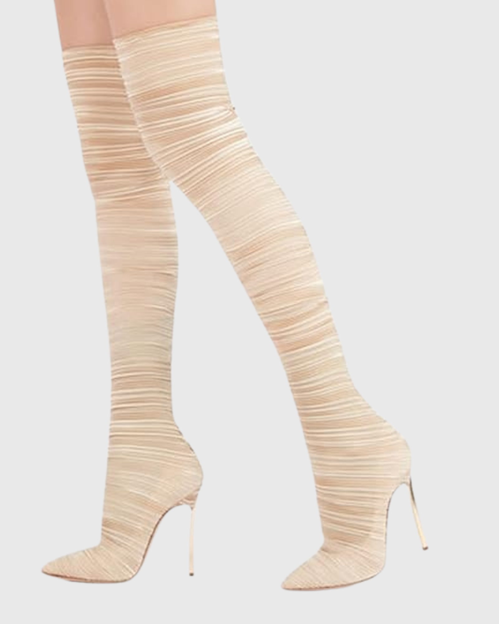 Miley Ribbed Velvet Over The Knee Boots In Beige