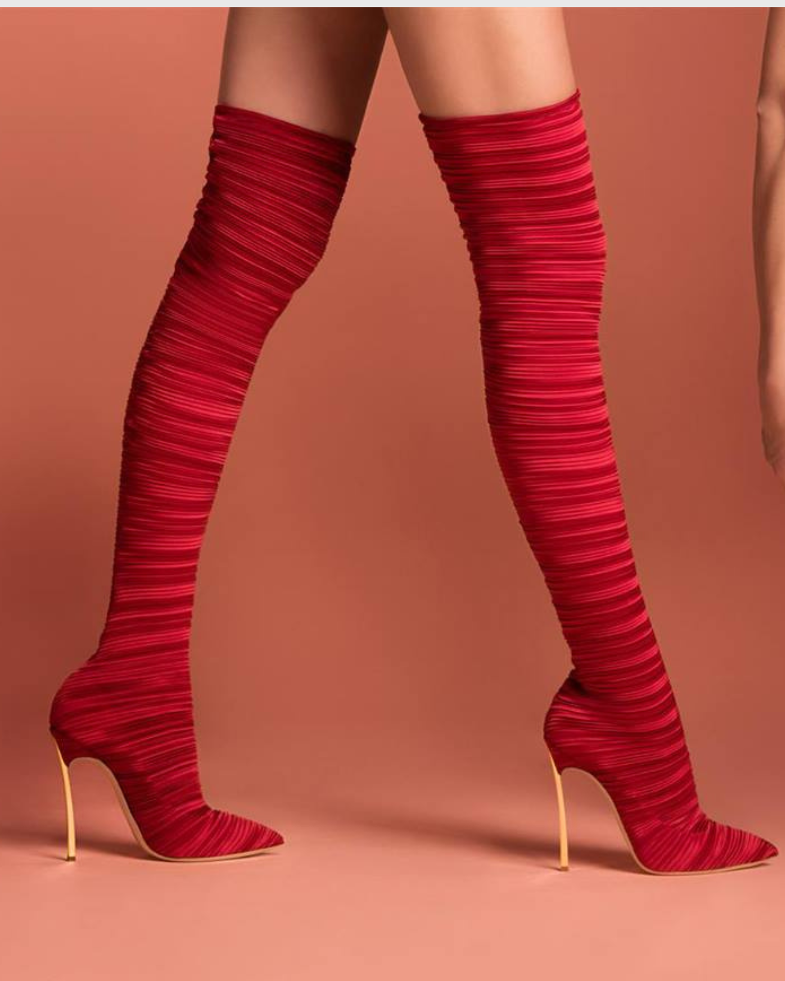 Miley Ribbed Velvet Over The Knee Boots In Red