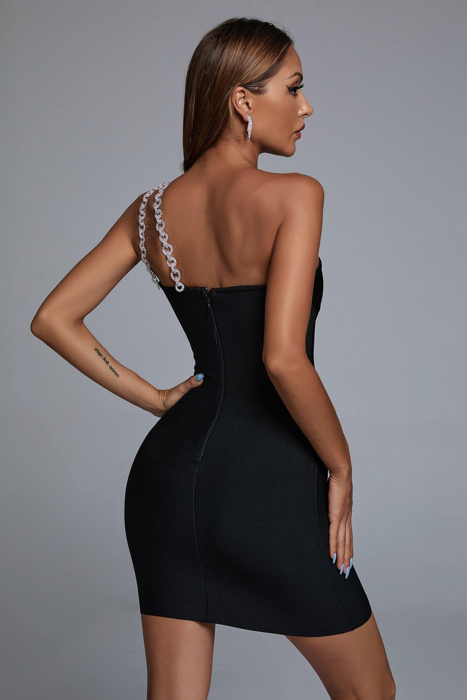 One-Shoulder Long Chain Mini Dress