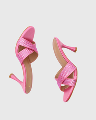 Natalina Rhinestone Cross Flared Heels In Pink