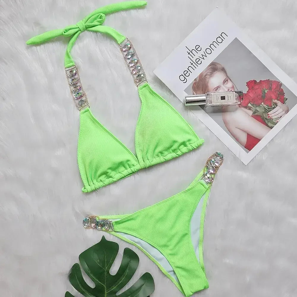 Neon Green Swimsuit 2-Piece Bikini Halter Lace-up Backless Beach Bathing Suit Diamond Chain Swimwear