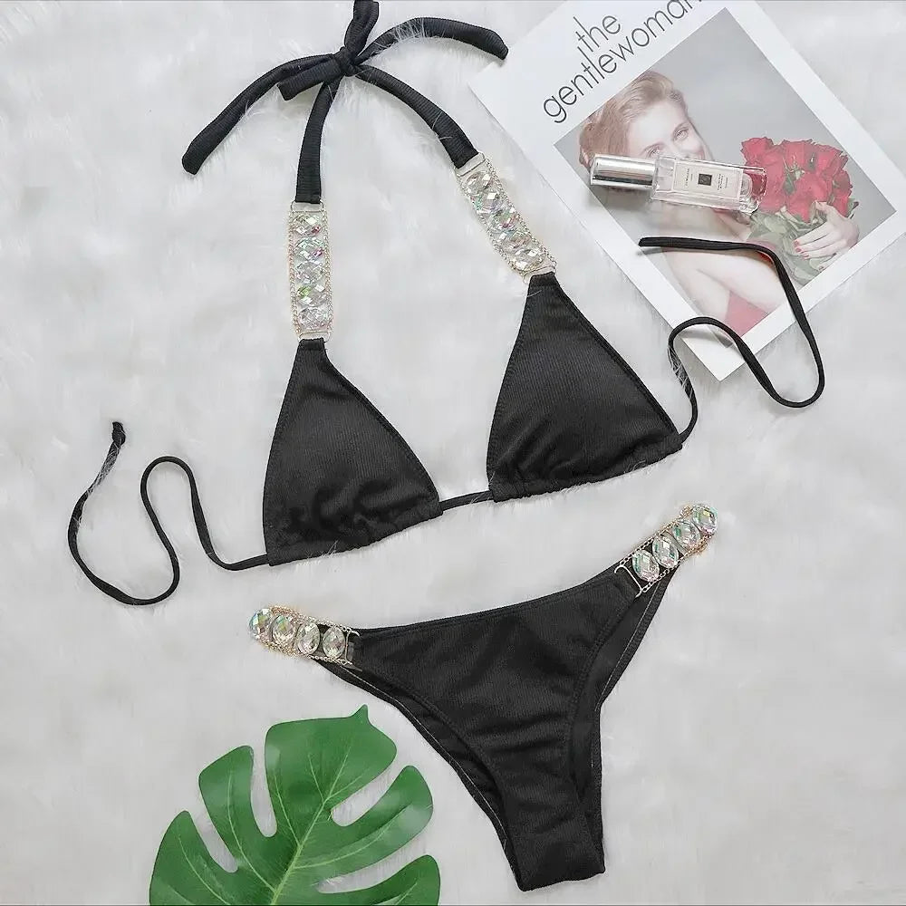 Neon Green Swimsuit 2-Piece Bikini Halter Lace-up Backless Beach Bathing Suit Diamond Chain Swimwear