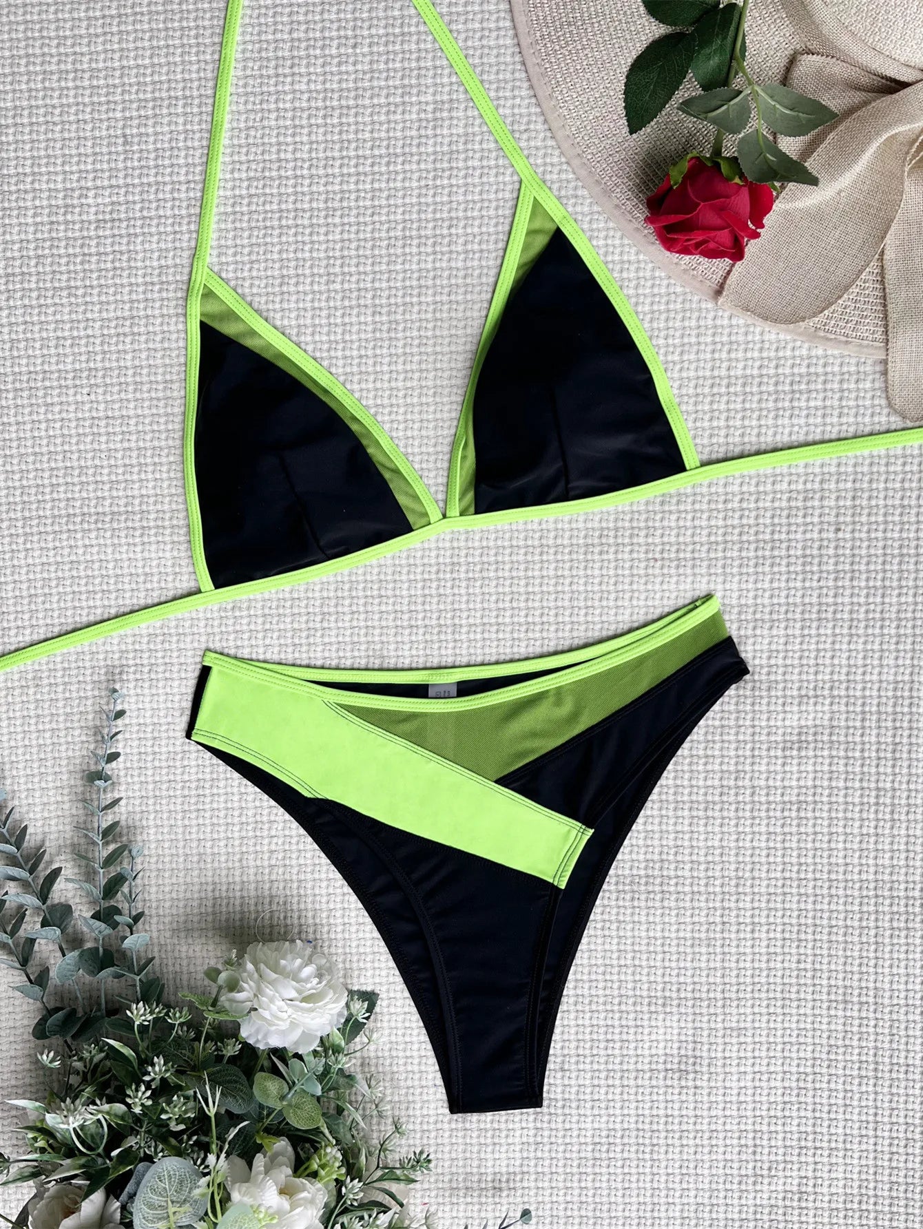 Neon Green Patchwork Bikini Set