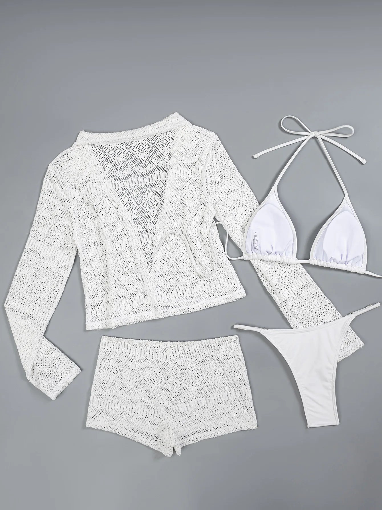 Black Long Sleeve Cover Up+Shorts 4 Piece Bikinis Sets