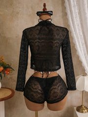 Black Long Sleeve Cover Up+Shorts 4 Piece Bikinis Sets