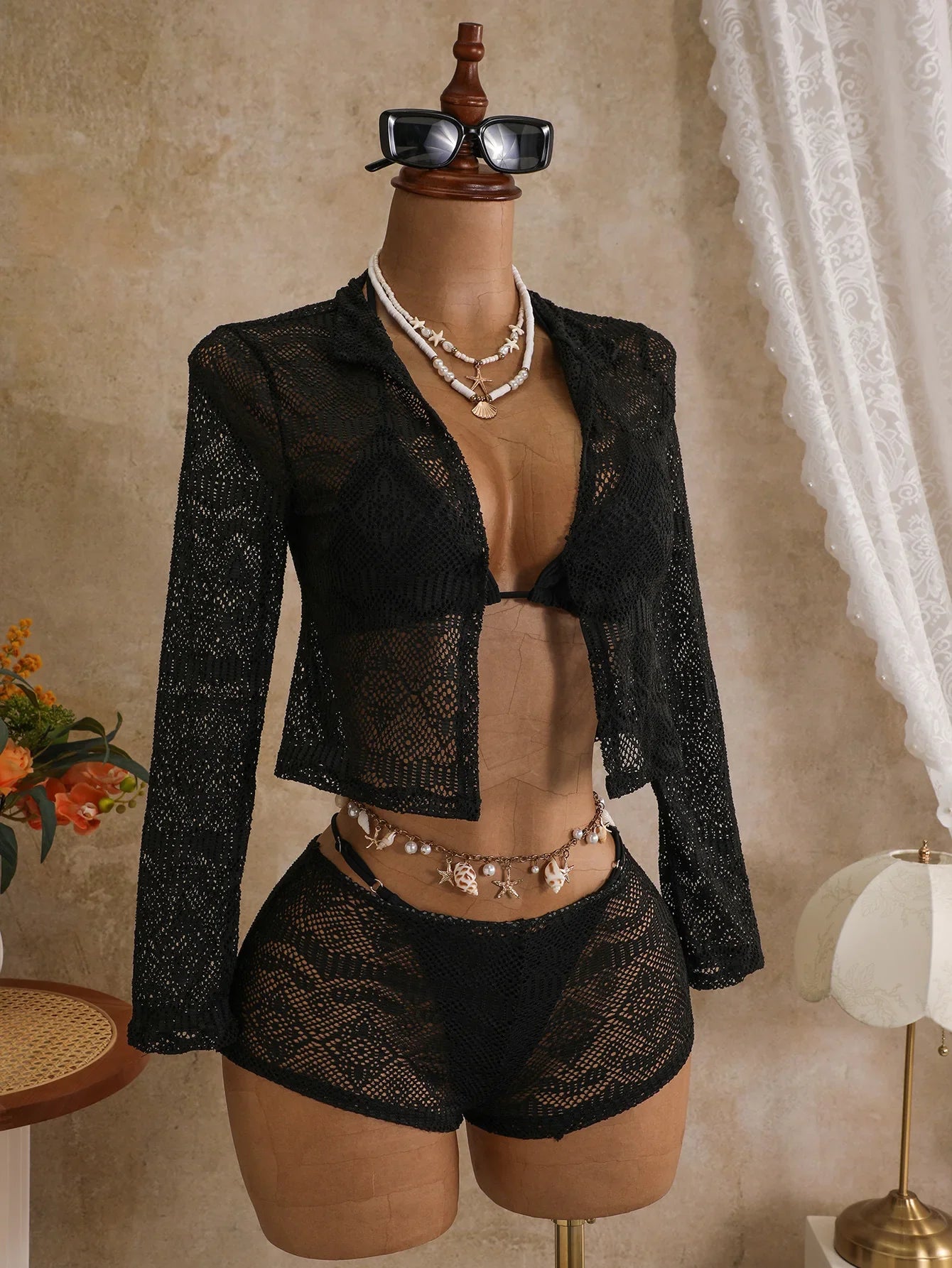 Black Long Sleeve Cover Up+Shorts 4 Piece Bikinis Sets
