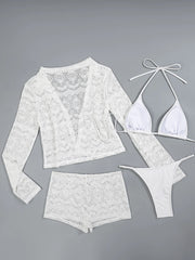 Black Long Sleeve Cover Up+Shorts 4 Piece Bikinis Sets