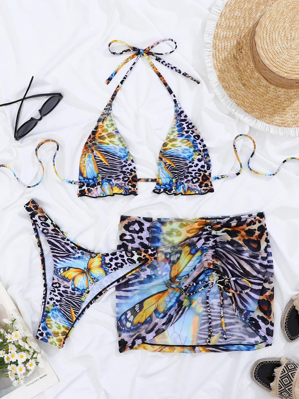 Blue Gradient Leopard Print Bikini Set